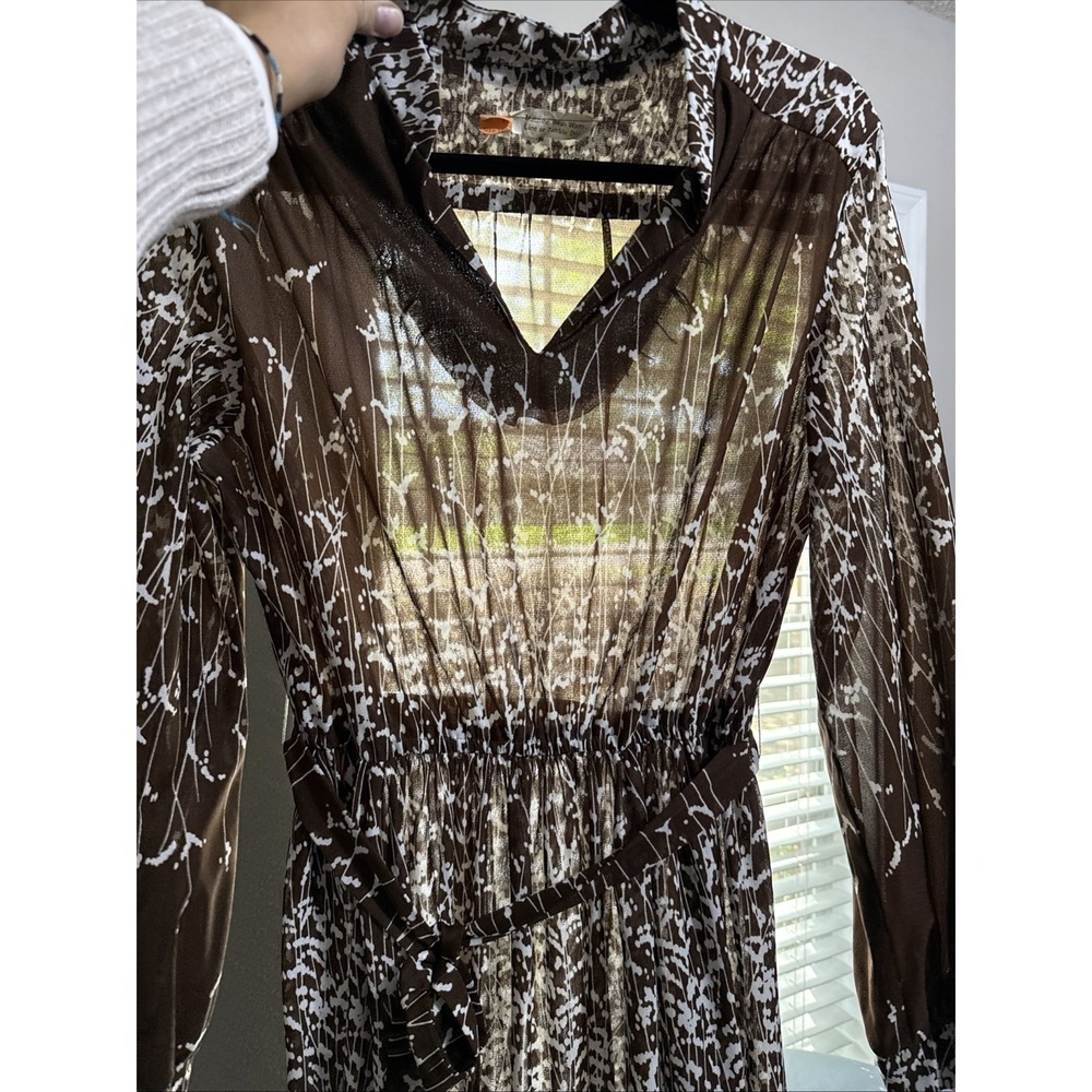 Vtg 70's Dress Sz 18 Brown Floral Print Midi Long Sleeve Sheer Belt Boho Fall